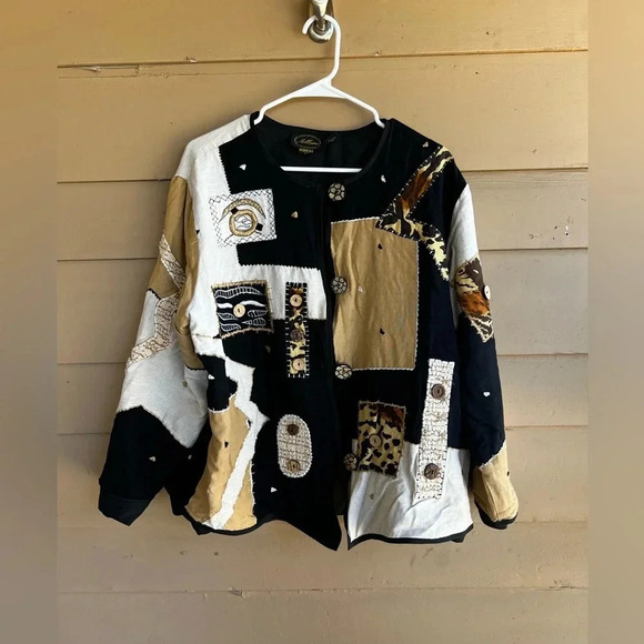 Vintage Funky Art to Wear Beige, White and Black Patchwork Jacket - Size 1X - Picture 1 of 6